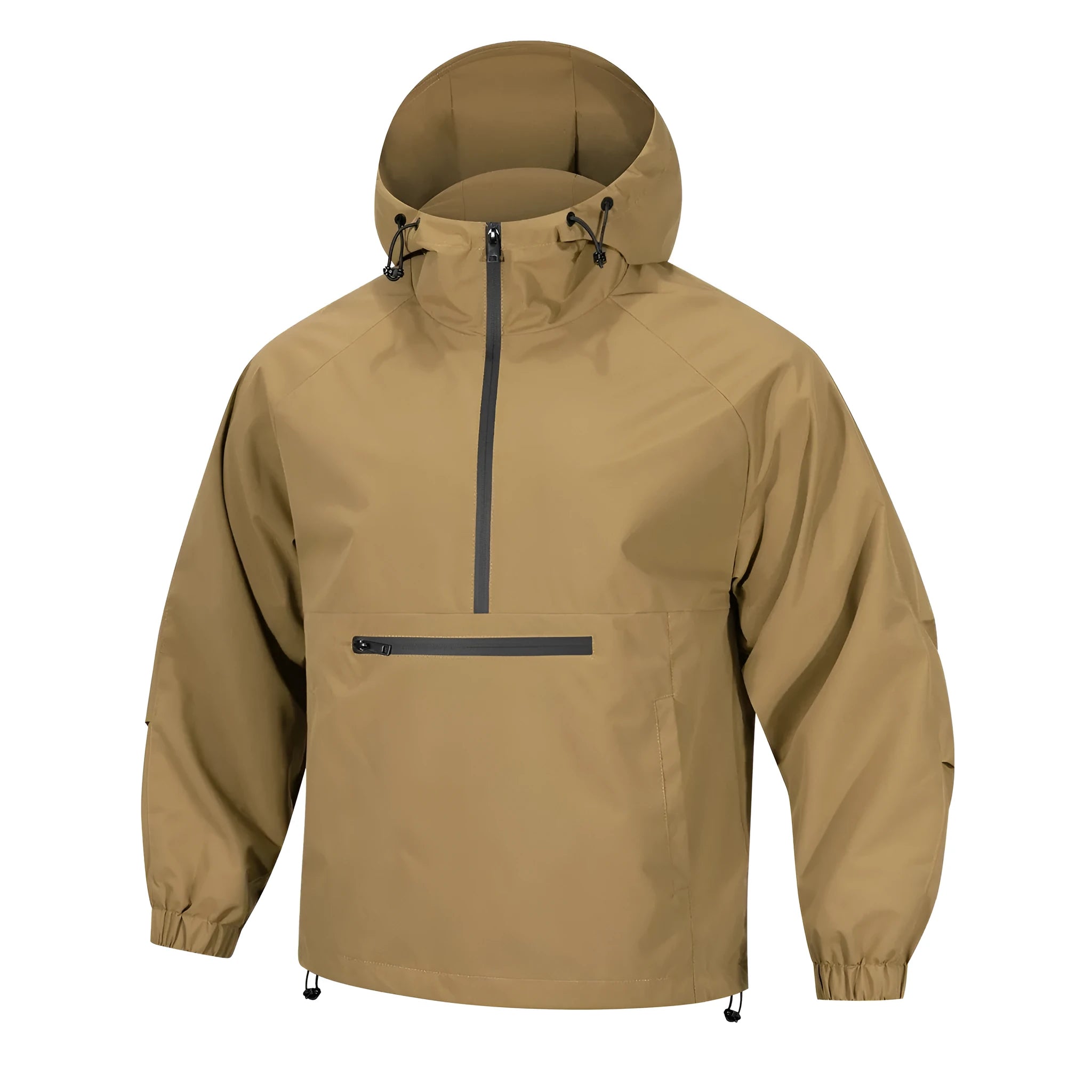 Man wearing a light grey loose-fit corduroy half-zip hooded jacket in Korean style.