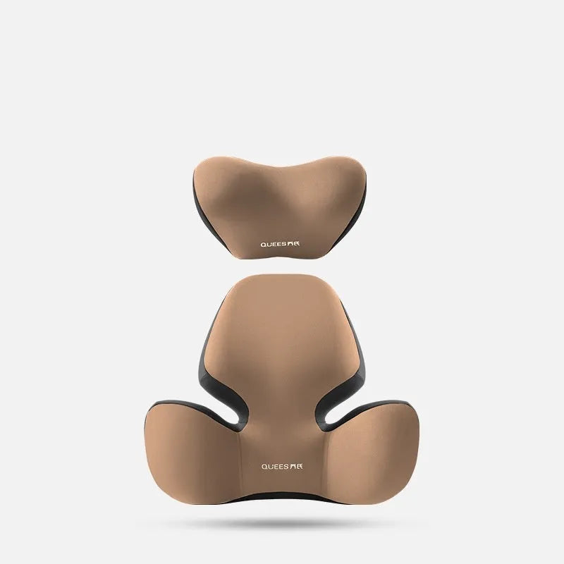 Black and grey memory foam lumbar support pillow and headrest on a car seat.