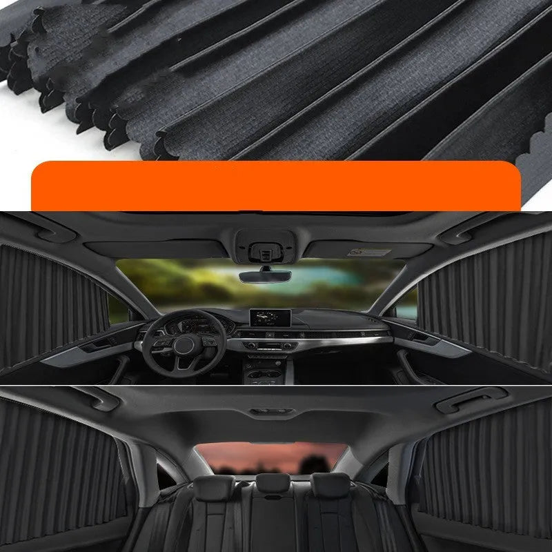 Retractable car sunshade curtain with roller shutter mechanism in thick opaque cloth material