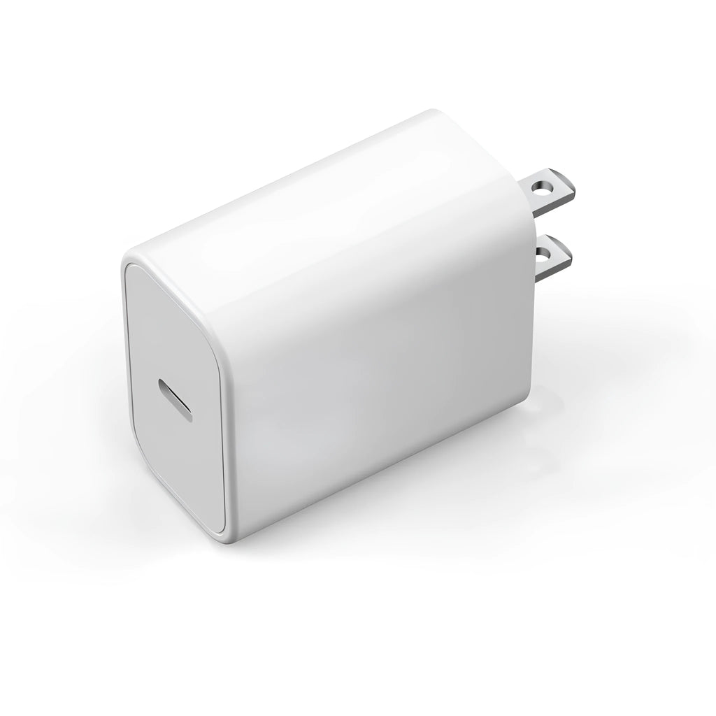 White Type-C USB wall charger with multi-standard plug compatibility and certifications on a plain background