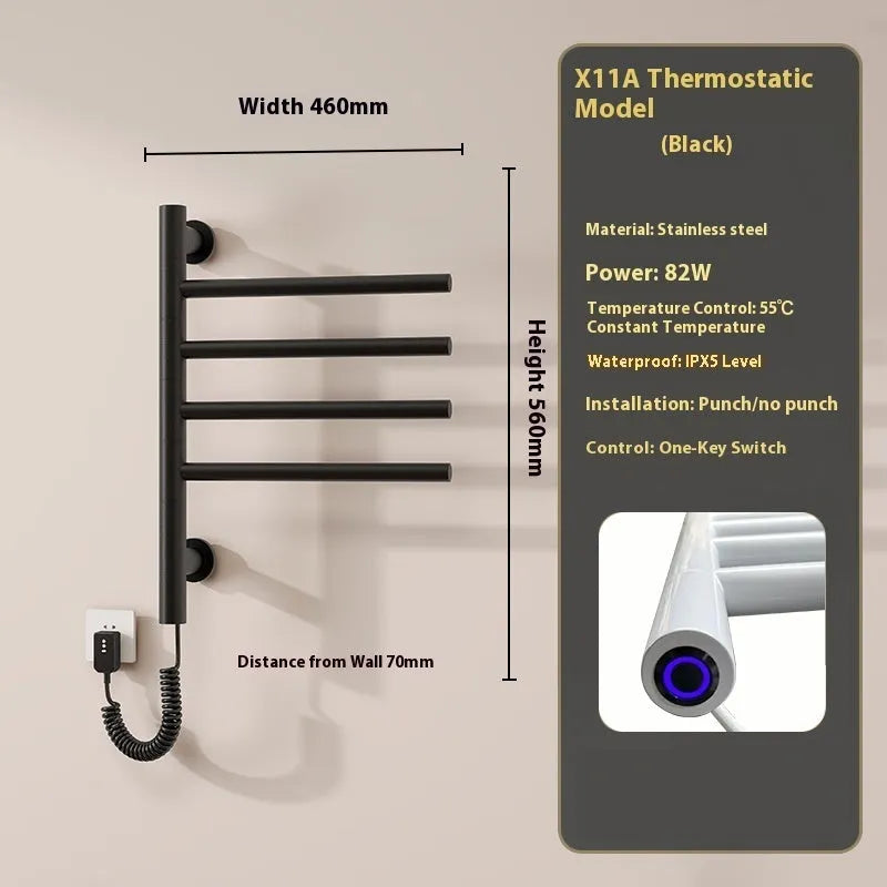 5-layer stainless steel electric towel rack in black with punch-free mounting and WiFi control
