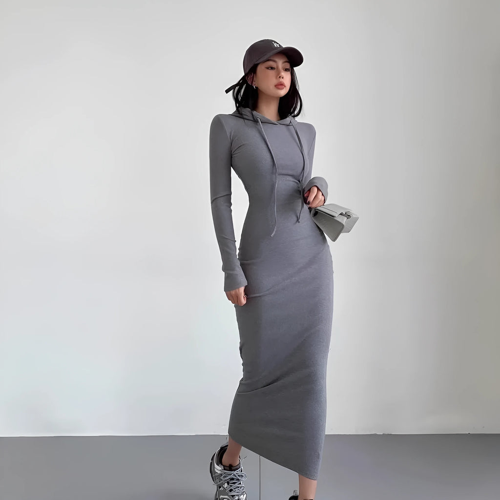 Women's long hooded dress with long sleeves and a sheath silhouette in polyester.