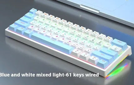 61-key bluish-black and white mechanical keyboard with hot-swap switches on desk
