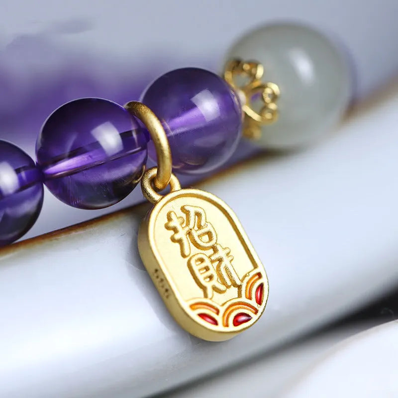 Amethyst crystal bead bracelet with geometric shape and national style design.
