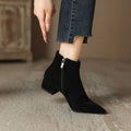 Women's matte suede chunky-heel ankle boots with pointed toe and side zipper in black with cotton lining