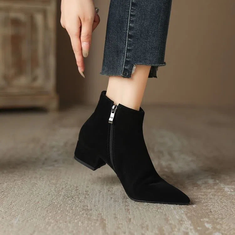 Women's matte suede chunky-heel ankle boots with pointed toe and side zipper in black with cotton lining