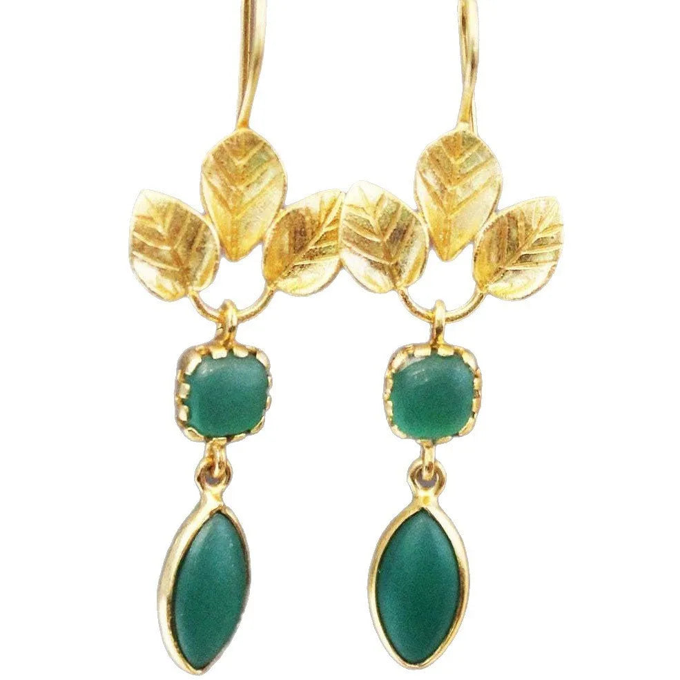 Gold retro drop earrings with a French leaves tassel design and small zircon stone accents.