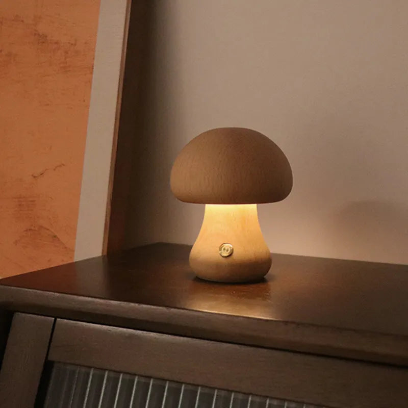 INS wooden mushroom LED night light with touch switch, walnut colour, on a bedside table