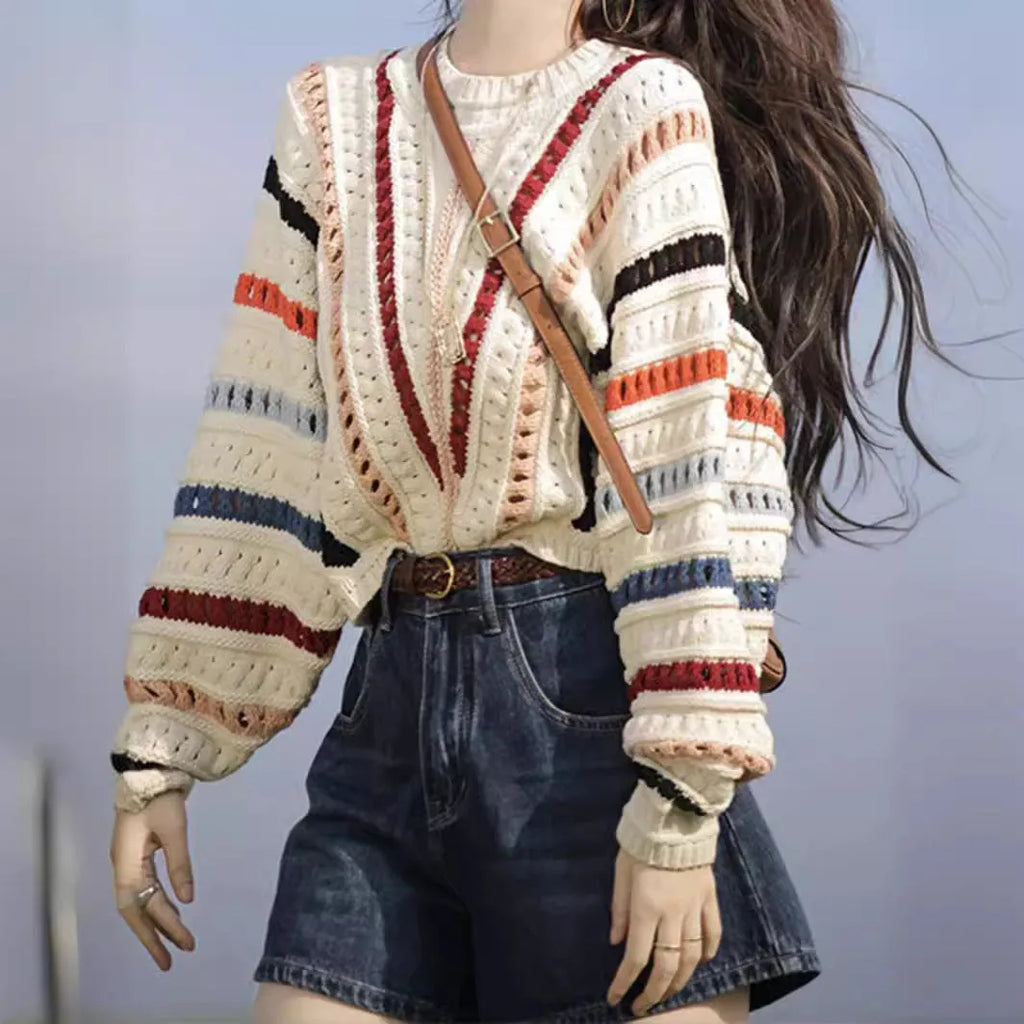 Retro rainbow striped loose fit sweater with batwing sleeves and round neck