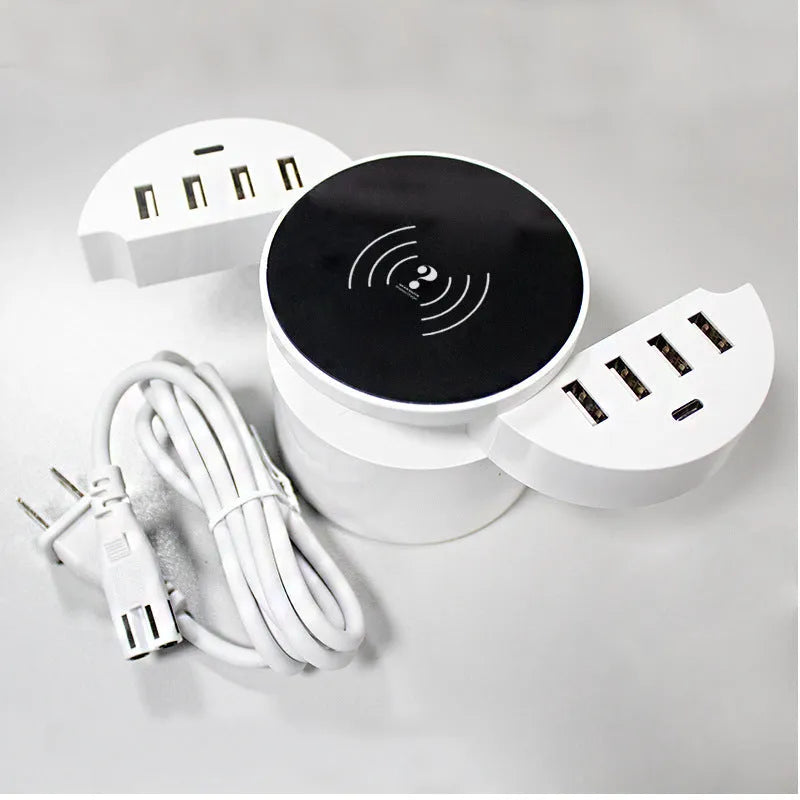 Ceramic white circular wireless charger with cable and international adapters for EU UK US outlets