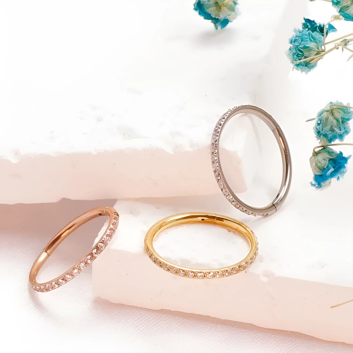 Titanium alloy nose ring with inlaid zircon, 1.2x12mm seamless round hoop in Diamond Gold