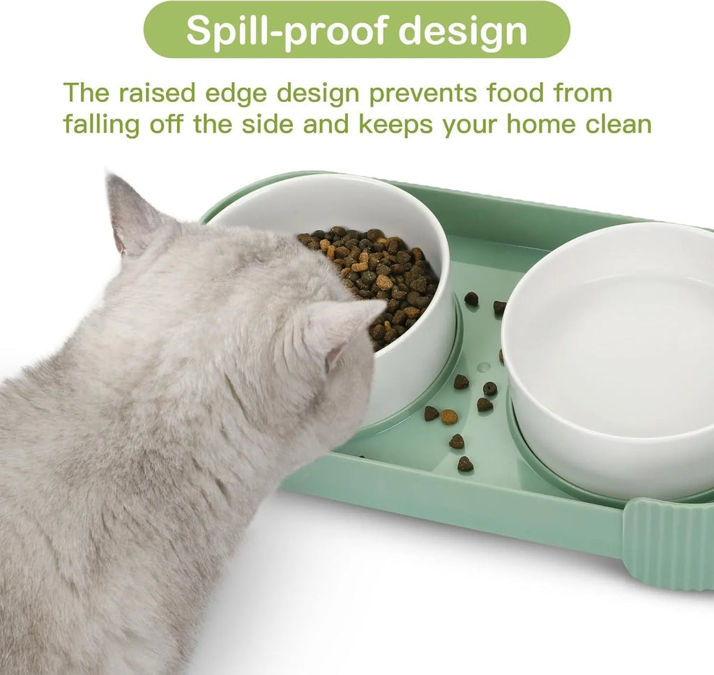 Green ceramic raised cat bowl set with tilted stand and non-slip base for food and water