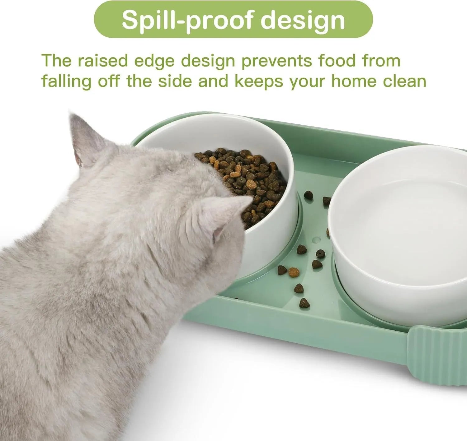 Green ceramic raised cat bowl set with tilted stand and non-slip base for food and water