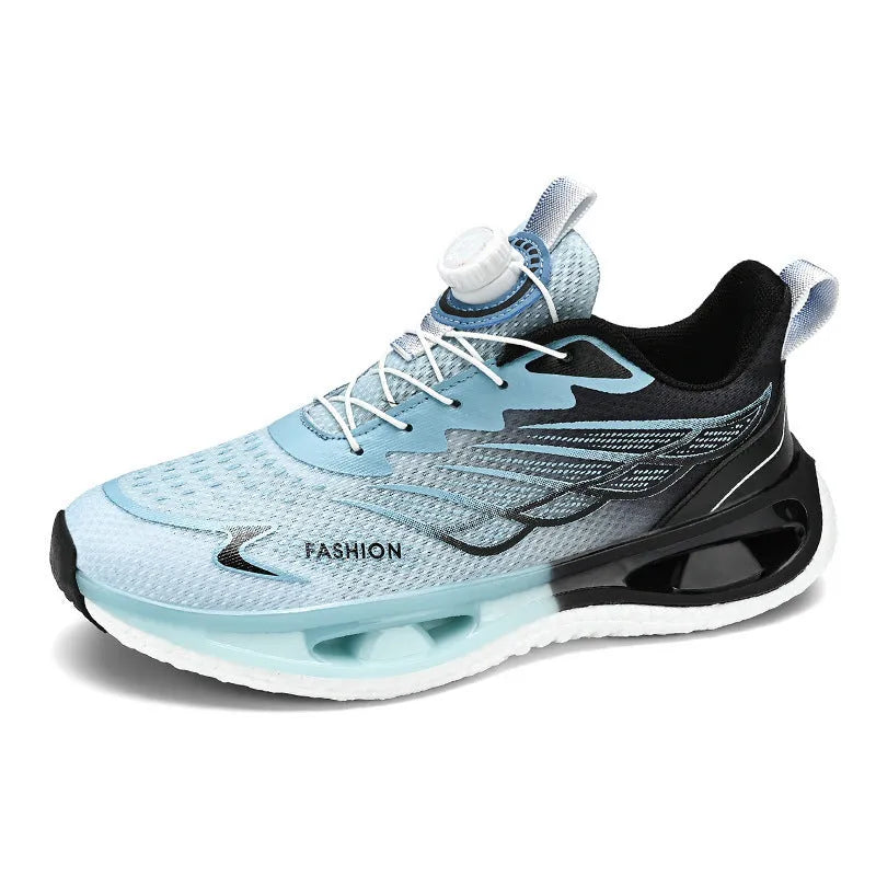 Youth casual sneaker with rotating button fastening in light blue mesh with shock-absorbing sole