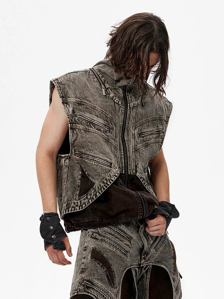 Men's two-tone splicing denim vest with front zip closure, sleeveless design