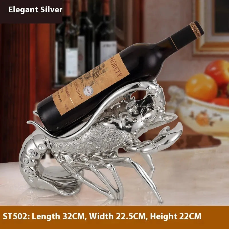 Lobster-shaped wine rack ornament in rose gold or silver metallic finish on tabletop