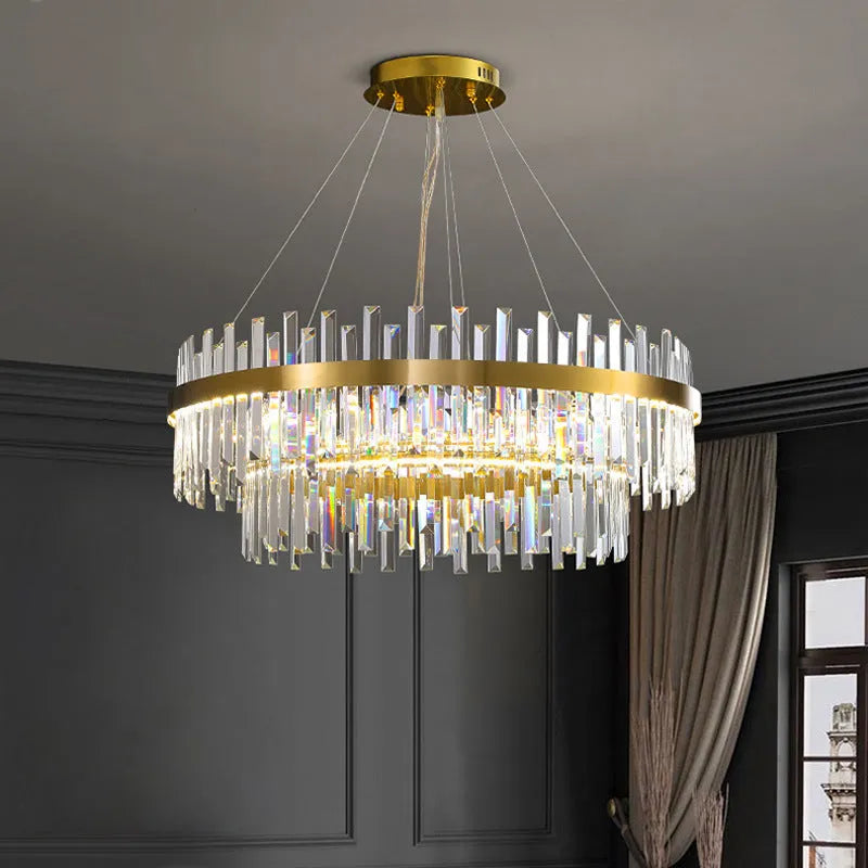 Stainless steel and crystal multi-head ceiling chandelier with adjustable height