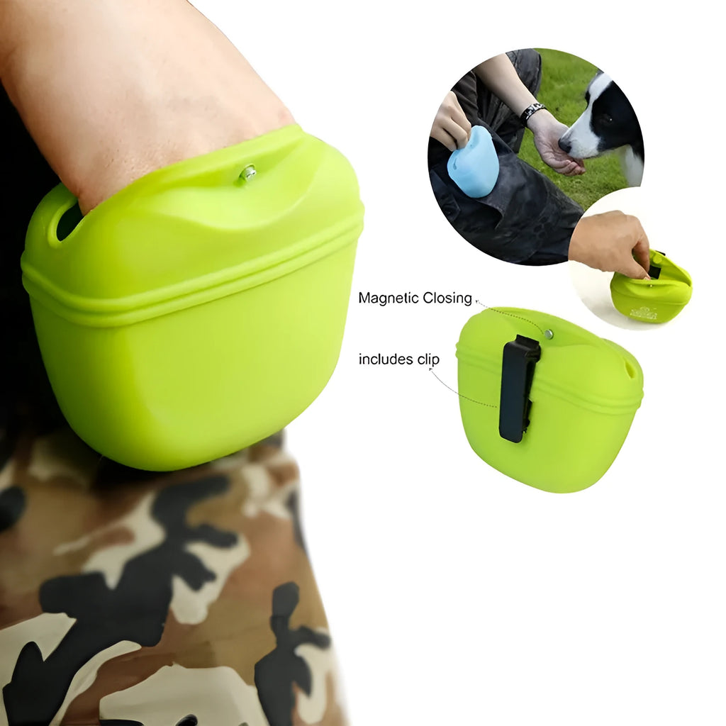 A portable silicone dog treat waist bag with a clip and magnetic opening, shown in available colours.