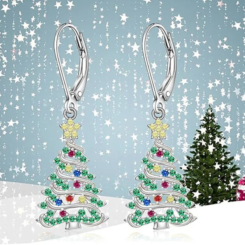 Women's copper Christmas tree earrings with white gold plating and star shape elements