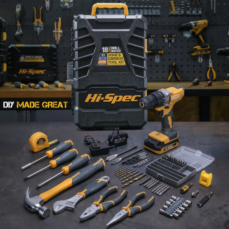 Grey yellow 82-piece chrome-vanadium steel tool set in a hard black case for furniture installation.