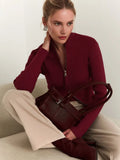 Women's slim fit long sleeve top with stand collar and zip front, high waist, viscose, 50cm length, white burgundy black dark brown.