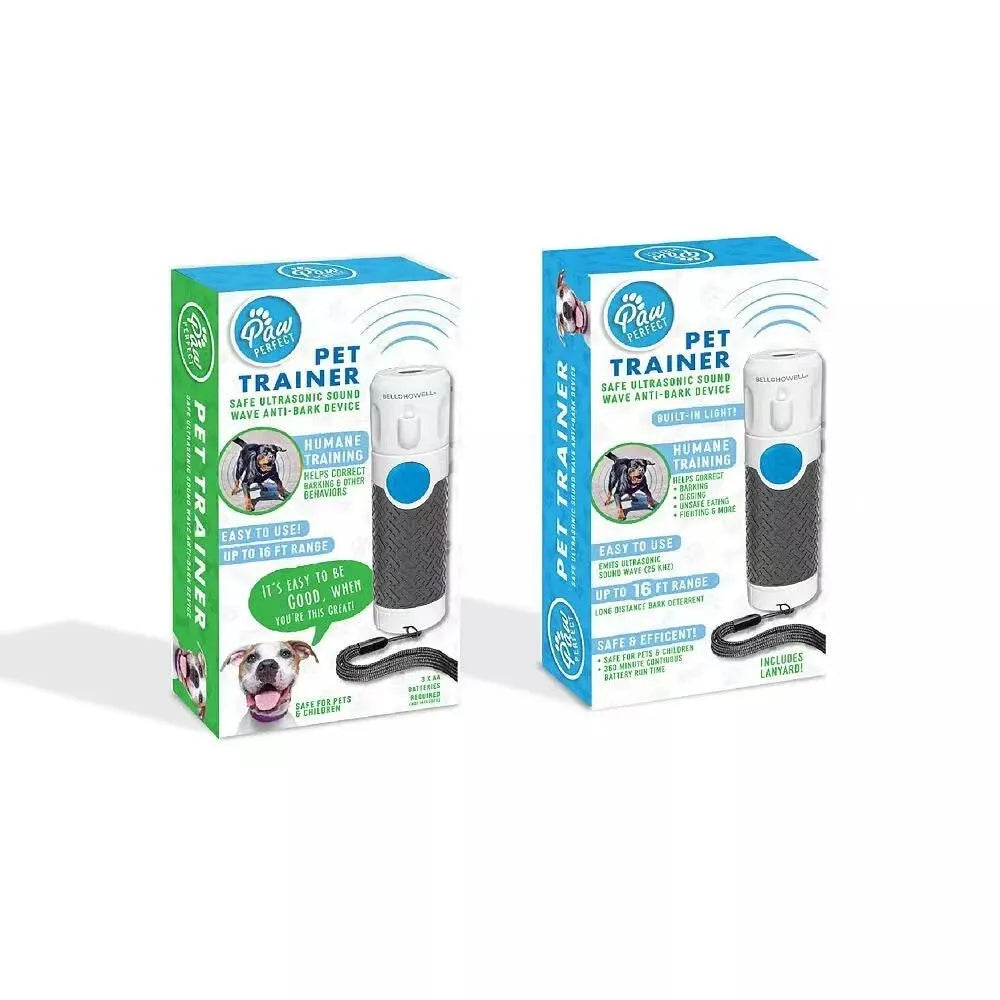 White handheld ultrasonic dog bark control trainer unit on a plain background.