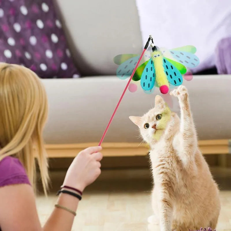 Blue cat wand toy with dragonfly attachment and bell on 49cm stick for interactive indoor cat play
