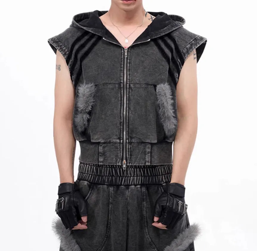 Stitching fur washed sleeveless hooded vest in black and gray - front zipper, short length, Korean style for teenagers