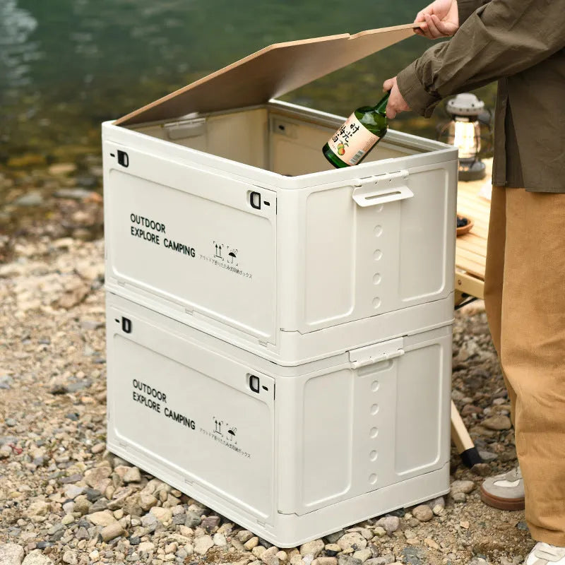 Large white foldable storage box with wooden lid showing dimensions and storage capacity