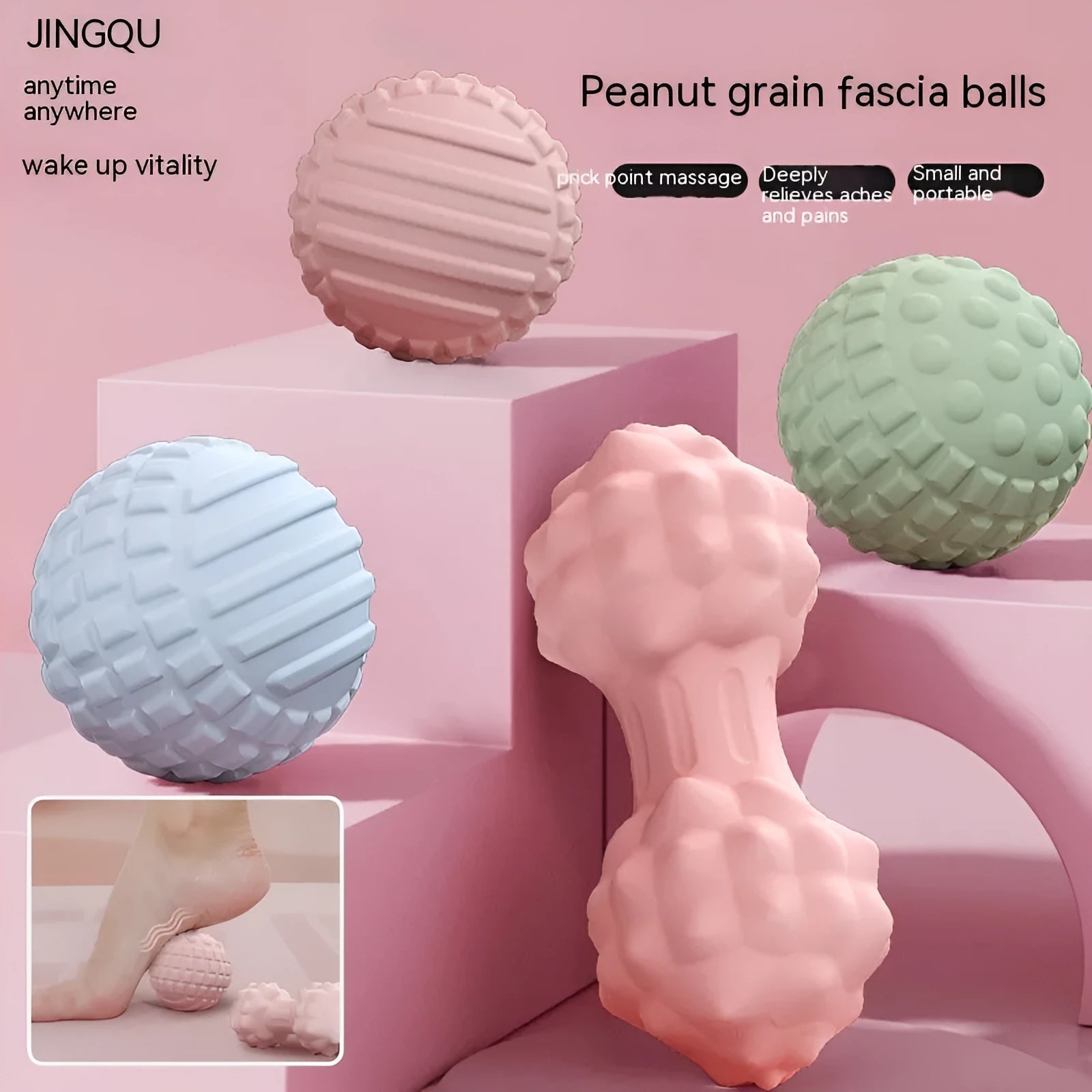 6cm diameter TPR foot massage ball in blue colour on wooden surface