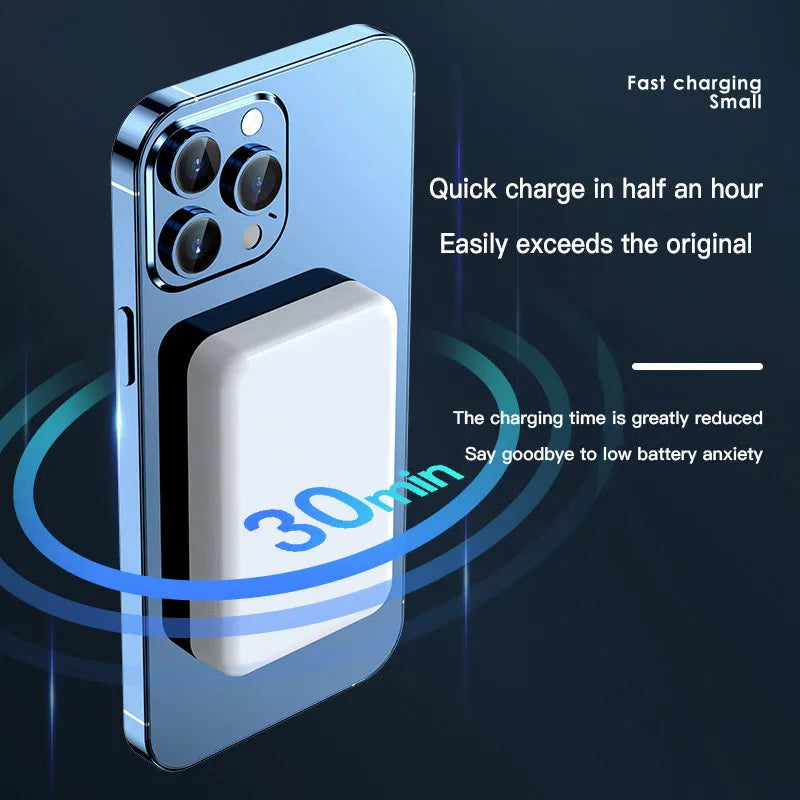 Pink magnetic wireless power bank showing dimensions and 20000mAh capacity