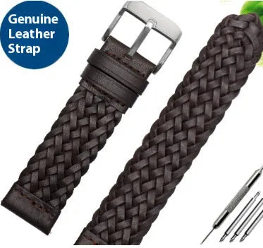 Hand woven genuine leather watch strap with alloy pin buckle, 20mm width, black with silver buckle