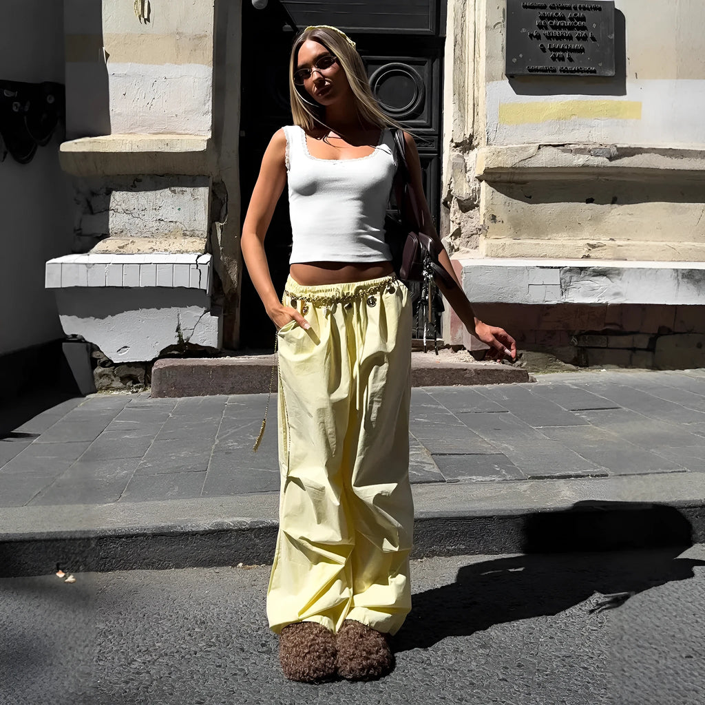 Yellow women's drawstring trousers, mid-waist straight-leg work clothes style, sizes S M L