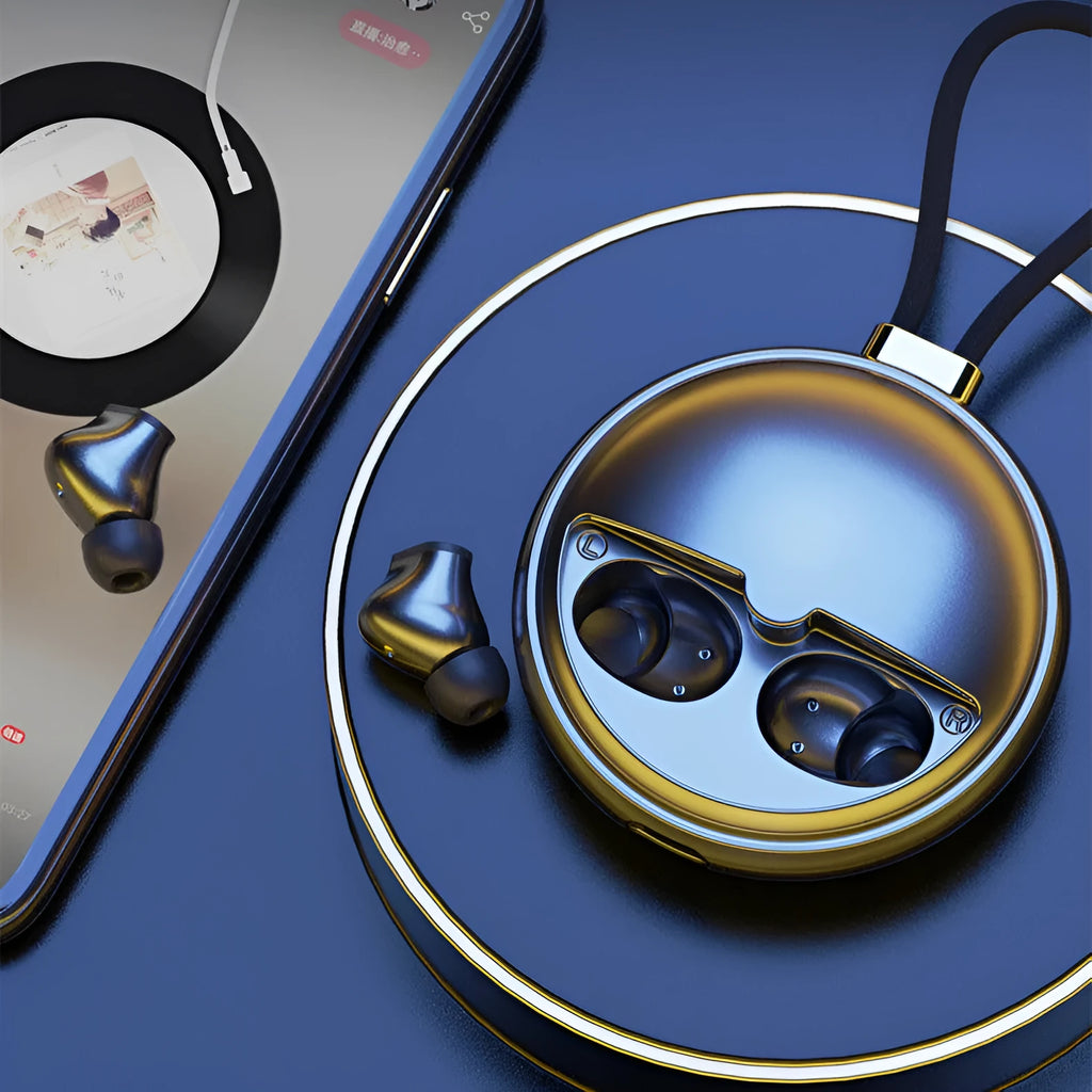 Black or red Bluetooth 5.0 in-ear headset with noise reduction, wireless charging, and power display.