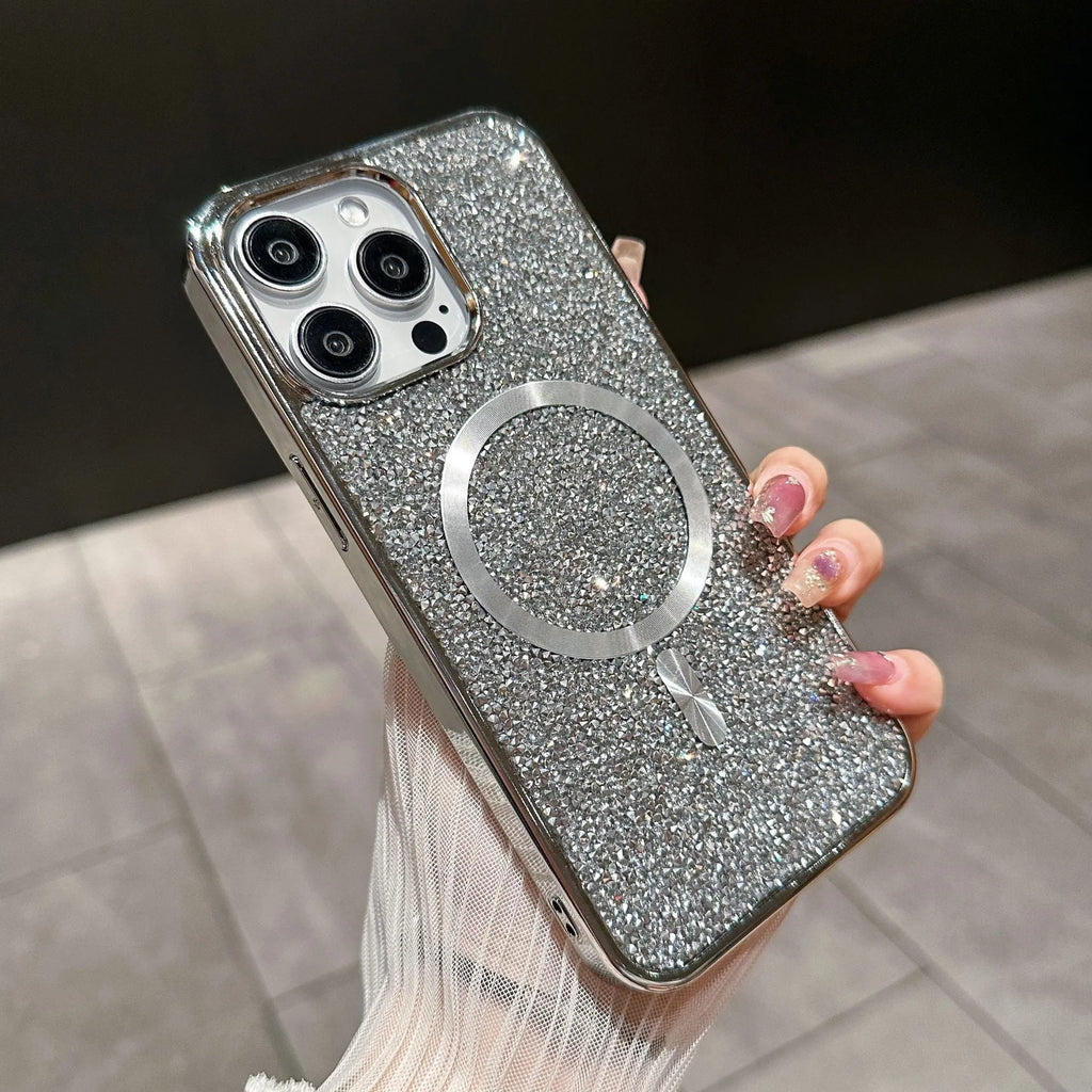 Luxury rhinestone magnetic TPU phone case for Apple iPhone, electroplated finish, pink colour
