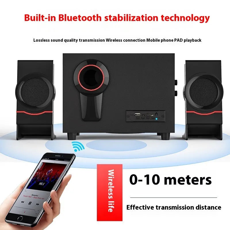 Wooden 2.1 multimedia speaker with USB power, bass boost, knob control, and Bluetooth version colour option.