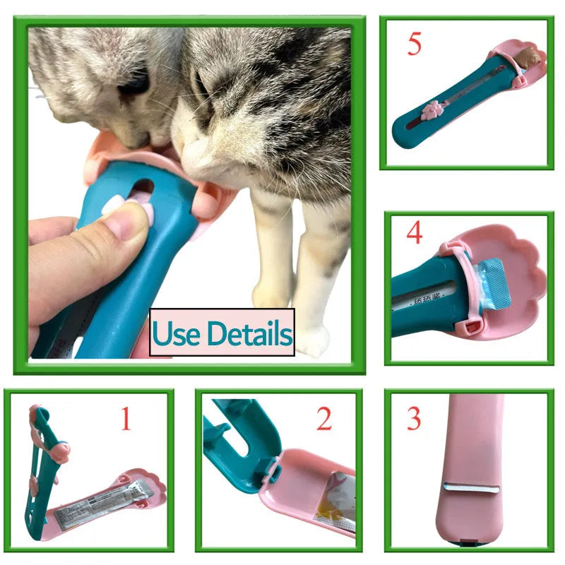 Green and pink pet food squeezer spoon for dispensing treats and liquid food to cats and dogs.