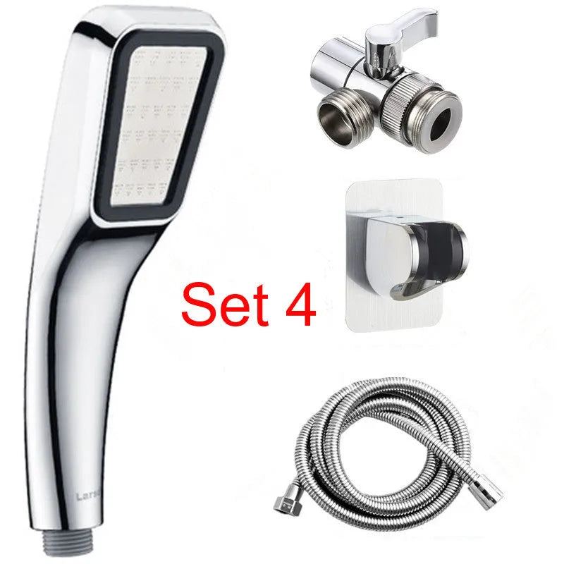 Orange hand-held pressurised shower set with rain function shower head and multiple components