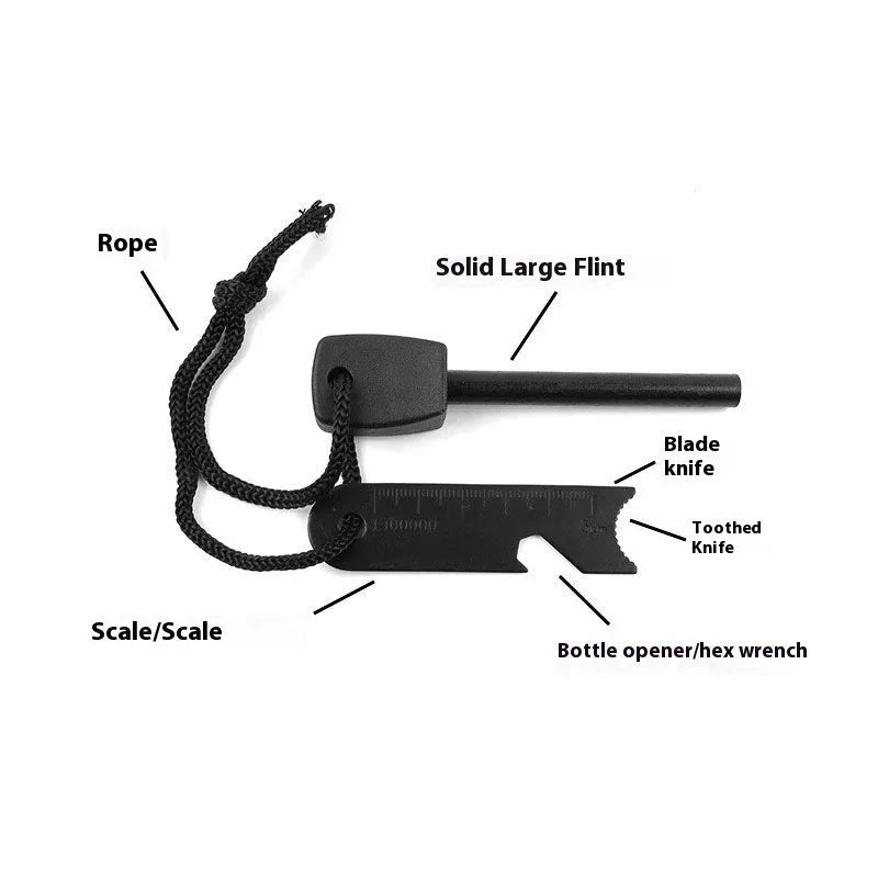 Black outdoor multifunctional flint with stainless steel scraper and magnesium rod 13cm length