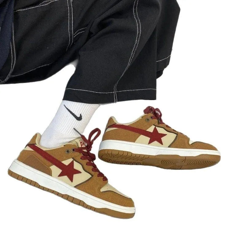 Brown women's platform sneakers with sequin decoration and lace-up front