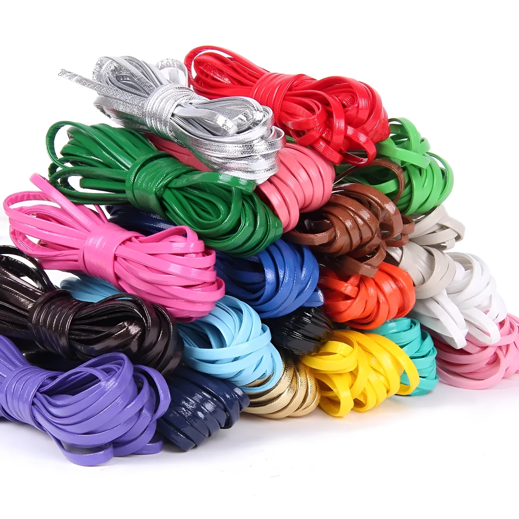 PU leather woven string cord on spool showing black, brown and blue colour options with width measurements