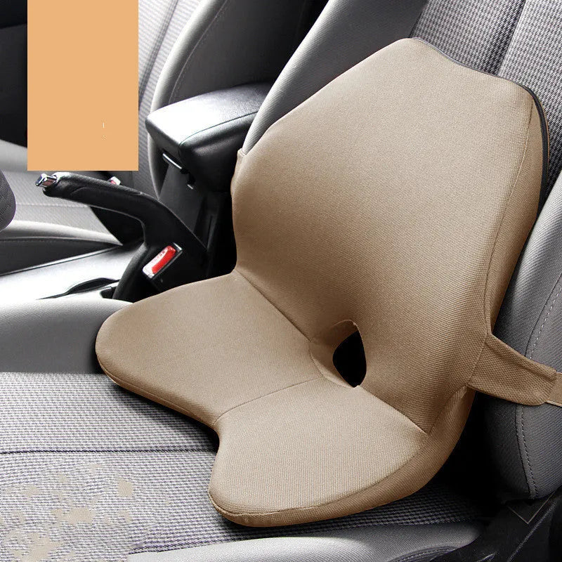 Car waist cushion with memory cotton filling for lumbar support, shown in beige colour