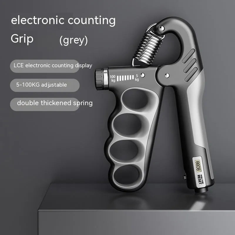 Adjustable electronic counter spring grip for fitness, shown with grey display.