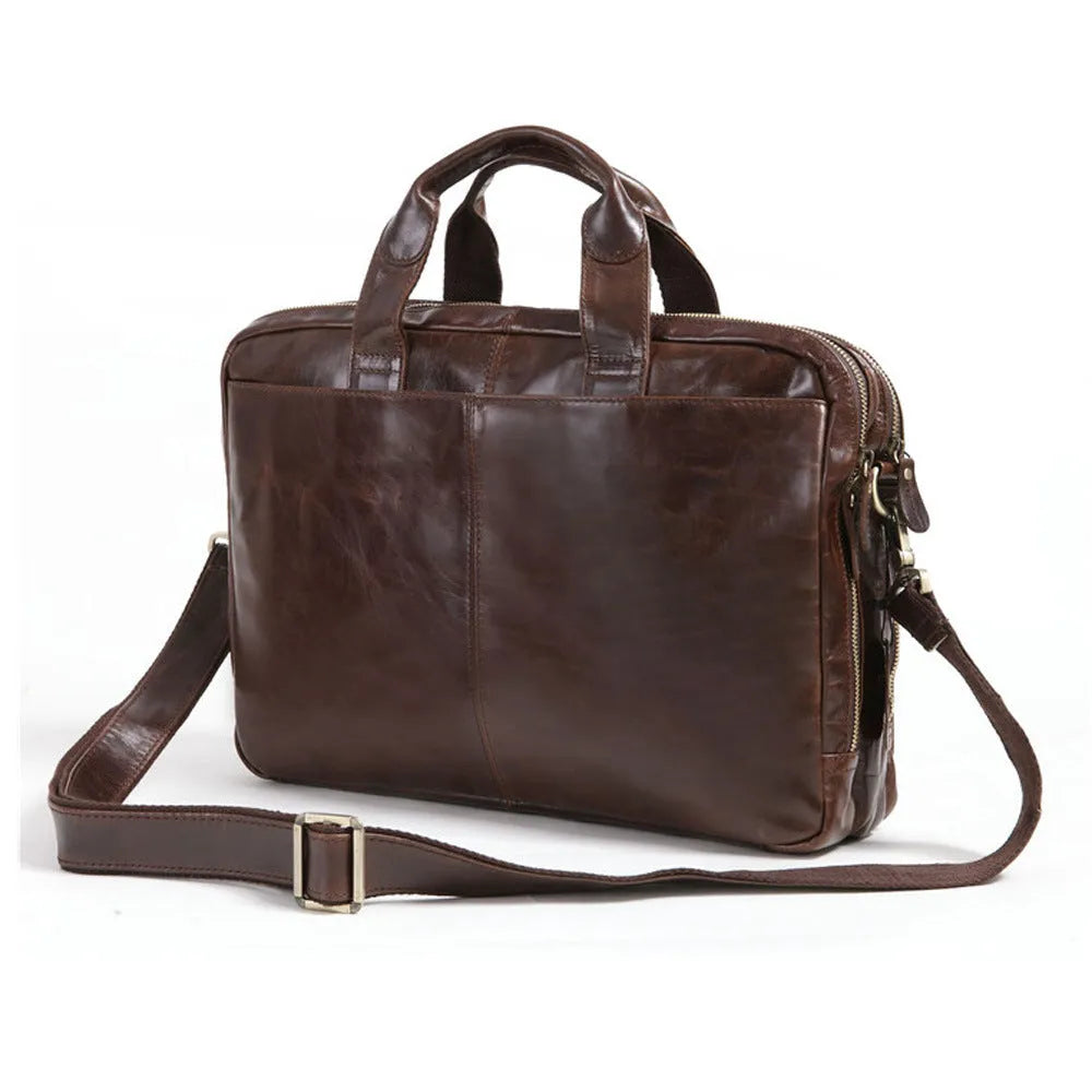 Brown leather men's business briefcase with 18-inch dimensions for laptop carrying