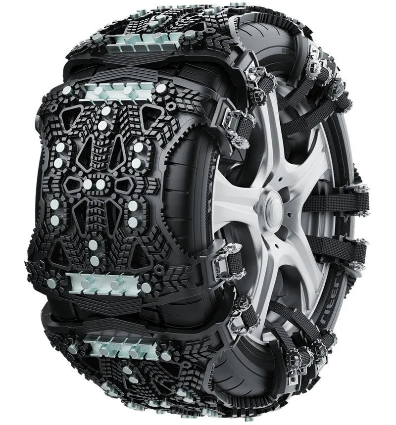 Universal car SUV snow chains set with steel plates, installation tools, snow shovel and gloves
