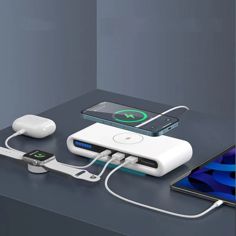 White desktop wireless charger with integrated RGB atmosphere lamp showing 15W fast charging capability