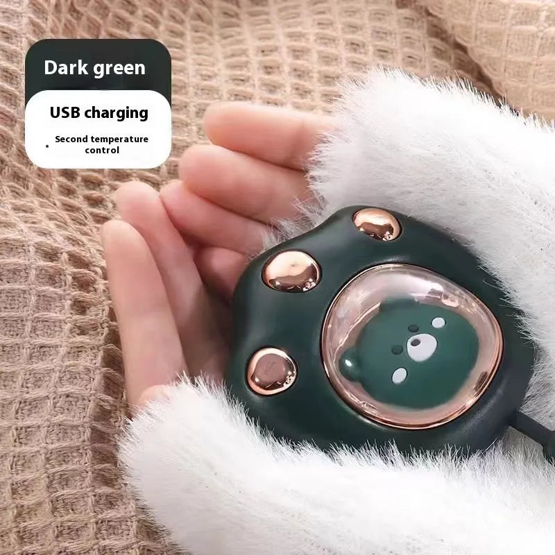 USB hand warmer with digital display in six colour options including pink, blue, green, and white