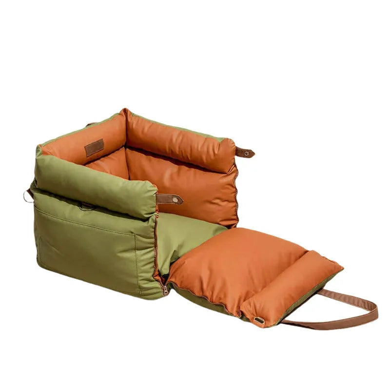 Green waterproof PU leather dog car nest with removable cover, shown on a car seat.