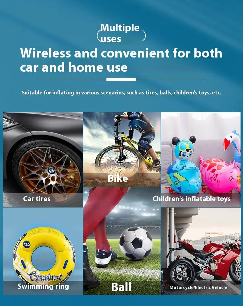 Mini wireless handheld tire inflator with ABS PC body, power bank and flashlight, 198 x 75 x 52 mm