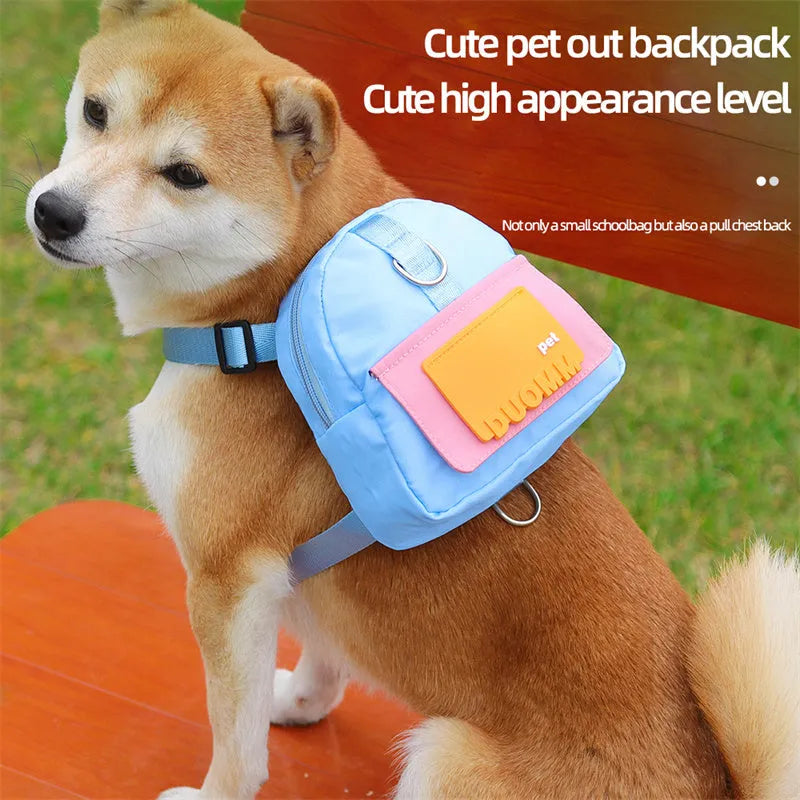 Adjustable dog backpack with storage compartments in blue colour showing harness straps and mesh panels